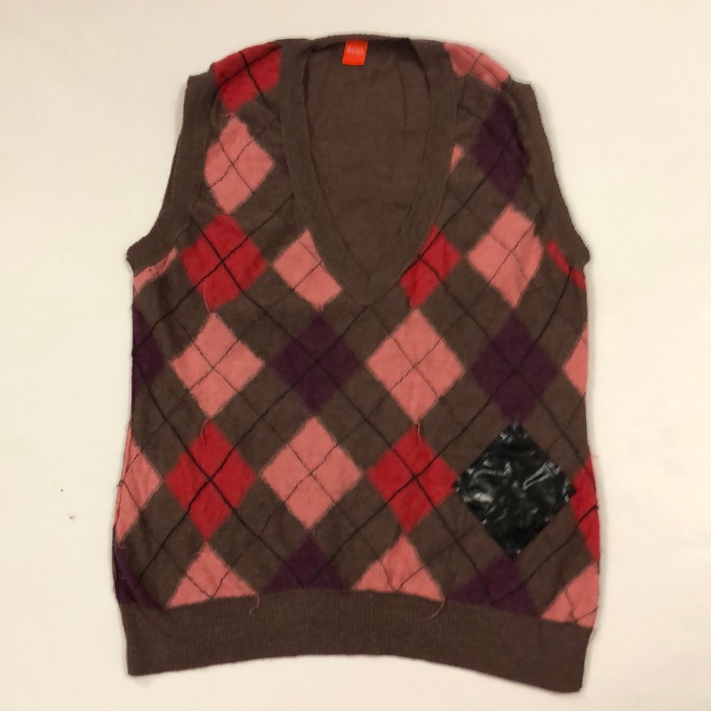 Hugo Boss S Vest Brown Pink Purple Argyle V-neck Poly patch Excellent Condition